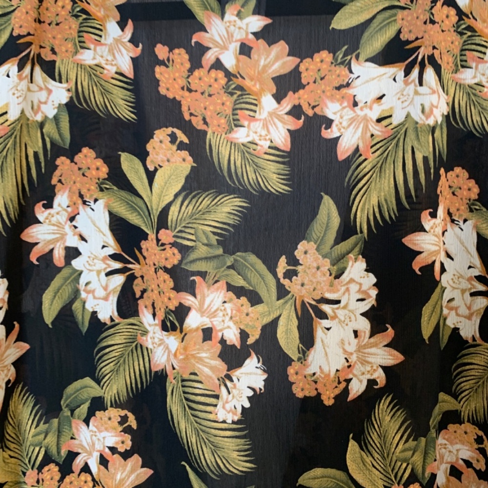 Black Floral Swimsuit Cover Up L/XL Robe Style Tie Front Georgette Tropical - Picture 10 of 11